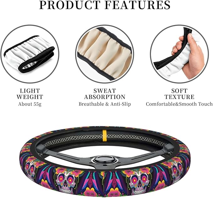 Psychedelic Pot Leaf Skull Floral Universal Fit Steering Wheel Cover for Car, Truck, and SUV, Durable Steering Wheel Protection