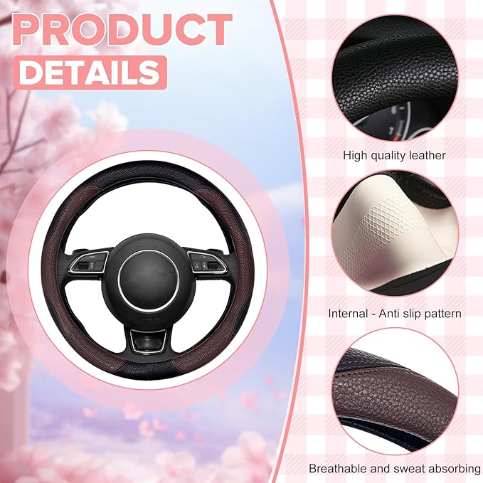 Brown Steering Wheel Cover, Slip-Proof Breathable Comfort PU Imitation Leather Cute Car Accessories for Women Girl, Universal Protector in All Season 15 inch Fit Most Car