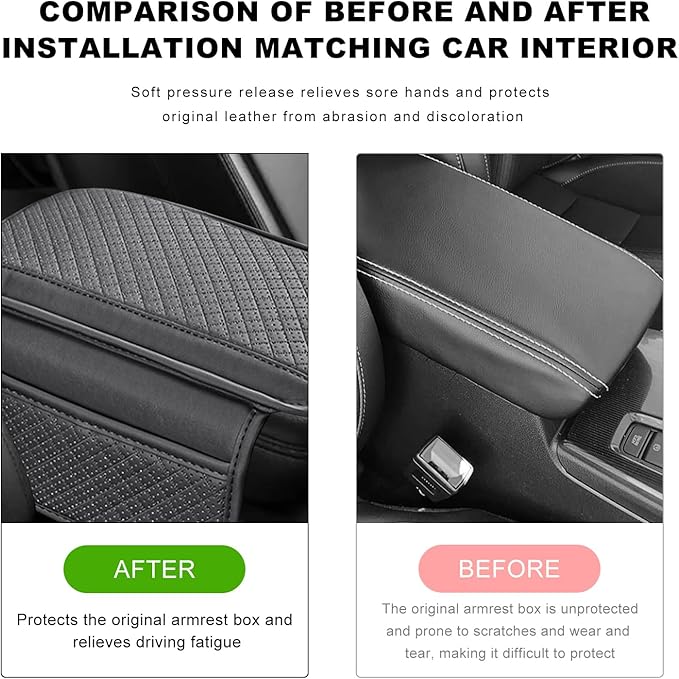 Car Center Console Cover, Microfiber Leather Armrest Cover Cushion with 2 Storage Bags, Anti-Scratch Middle Console Protector Interior Accessories for Most Cars SUVs Trucks (Gray)