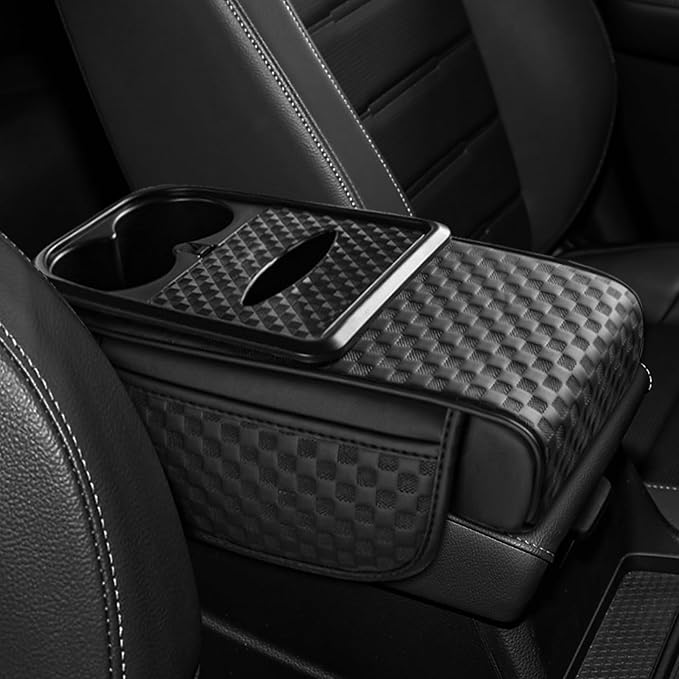 Hovom Car Center Console Armrest Pillow, 13.78"×7.48"×2.76" Leather Arm Rest Cover for Cars, Multifunctional Auto Armrest Cushion Pad with Pocket, Tissue Box & Cup Holder, Car Accessories (Black)