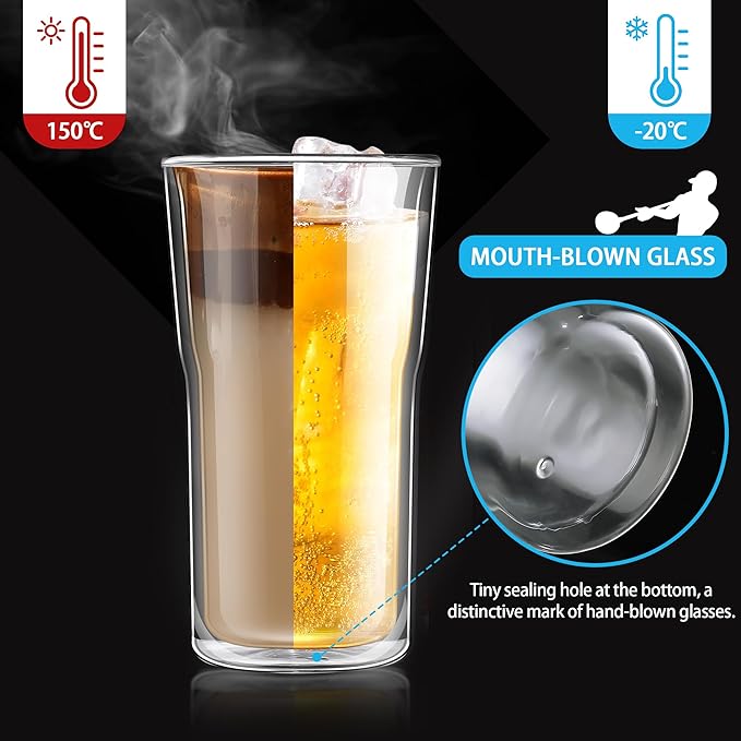 Joeyan Glass Double Walled Beer Drinking Glasses Tumbler 16 oz, Double Layer Tall Borosilicate Insulated Water Cocktail Glass Cups, Double Lined Thermo Tea Coffee Hot Beverage Glassware, Set of 2