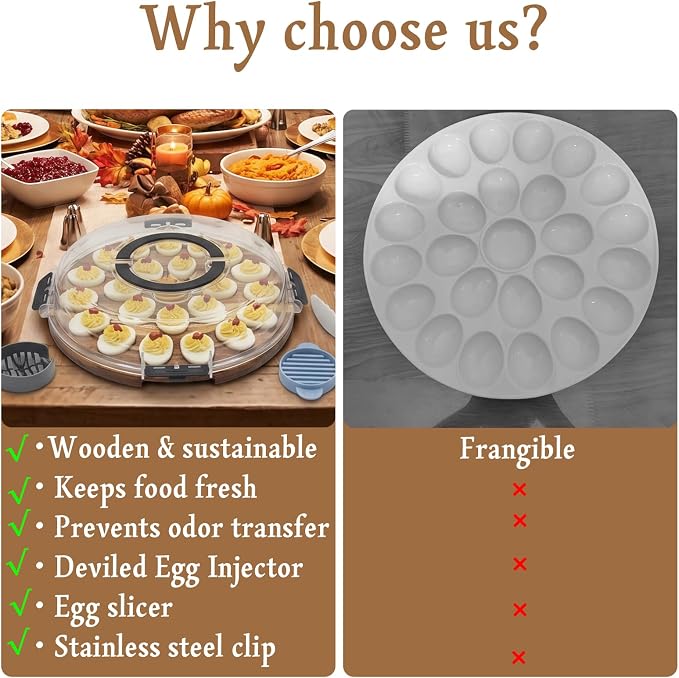 Deviled Egg Containers with Lid, 2026 Upgraded Acacia Wood Deviled Egg Platter – 24 Holes Round Tray with Egg Slicer, Piping Tips & Mini Tongs, Complete Deviled Eggs Carrier Set for Easter Party