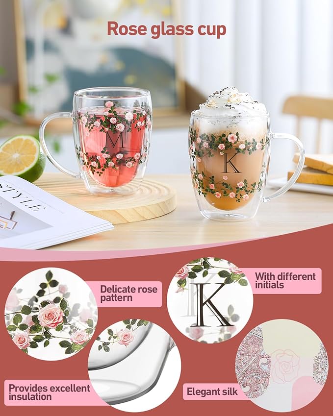 Initial Glass Cup for Women, 12oz Rose Double Walled Glass Coffee Mugs, Personalized Gifts for Women, Initial Coffee Tea Mug with Scarf, Birthday Wedding Gifts for Her Mom Teacher (ROSE-Y)