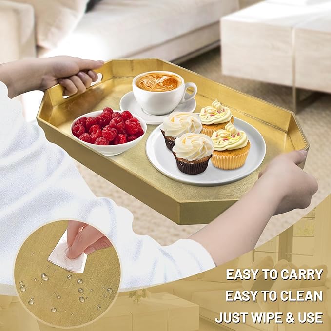 MAONAME Gold Decorative Tray with Handles, Foil Serving Tray for Ottoman, Octagonal Coffee Table Trays for Living Room, Bathroom, 16.5" L x 12.2" W x 1.6" H