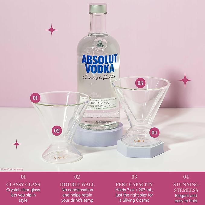 Paris Hilton 2-Piece Martini Glass Set, Double Wall Glass Design, Great for Martinis, Cocktails, Cosmopolitans, Margaritas, 7-Ounce, Clear