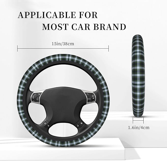 Thickened Elastic Steering Wheel Cover, Plaid Tartan Clan Gordon Scottish Green White Ultra, Soft, Breathable, Fit for Cars, SUVs, Trucks, Stylish Comfortable Grip