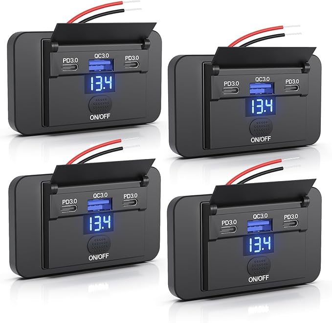 4PCS Gibbab 90W 3 Ports 12V RV USB Switch Outlet with Voltmeter, 2*36W PD3.0 Type-C Quick Charge & 18W QC3.0 Socket Panel Wall Mount Automotive Multi-Port Charger Adapter for Car Marine Truck Boat Bus