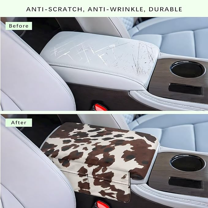 Dreaweet Brown Cow Print Center Console Cover Pad Cute Car Accessories for Women Thick Arm Rest Cover with Pockets for Car SUV Truck Soft Comfortable Car Armrest Cushion
