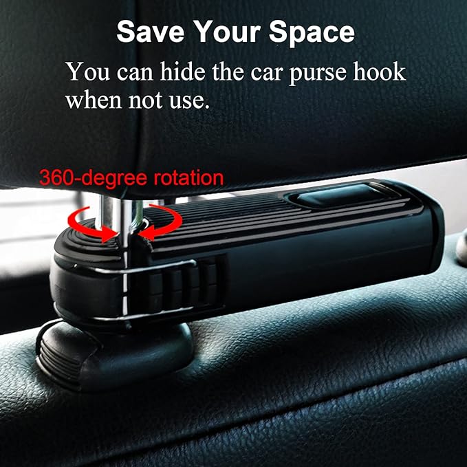 Car Headrest Hidden Hook, New Upgraded 2 in 1 Car Seat Hook with Phone Holder, 360° Rotation Car Hooks for Purses and Bags, Grocery Bag & Handbag (Black - 2PCS)