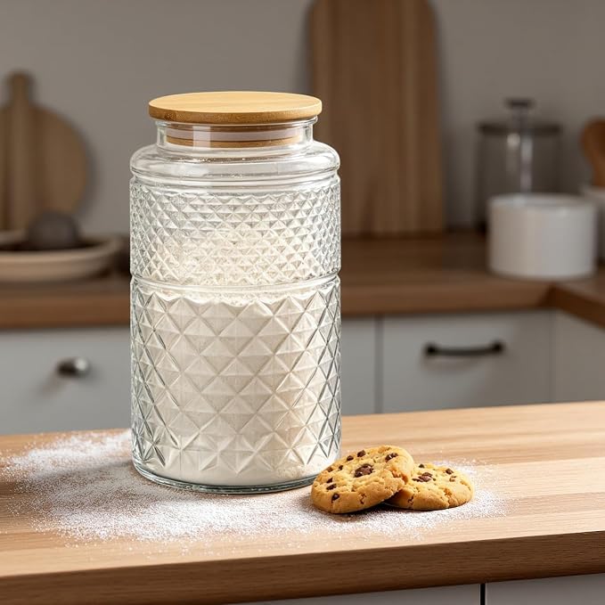 1 Gallon Large Airtight Glass Storage Jars with Bamboo Lid, Kitchen Pantry & Bathroom Laundry Room Organizer Canisters for Flour, Sugar, Cookie, Pasta, Rice, Snack, Coffee Bean, Tea, Spice, Cereal