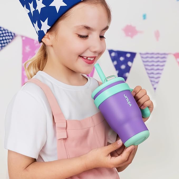 VINUR Kids Insulated Tumbler with Lid and Straw 17 oz-Spill Proof& Leak Resistant-Stainless Steel Vacuum Tumbler Travel Mug with Handle & Silicone Base-Cup Holder Friendly, Purple