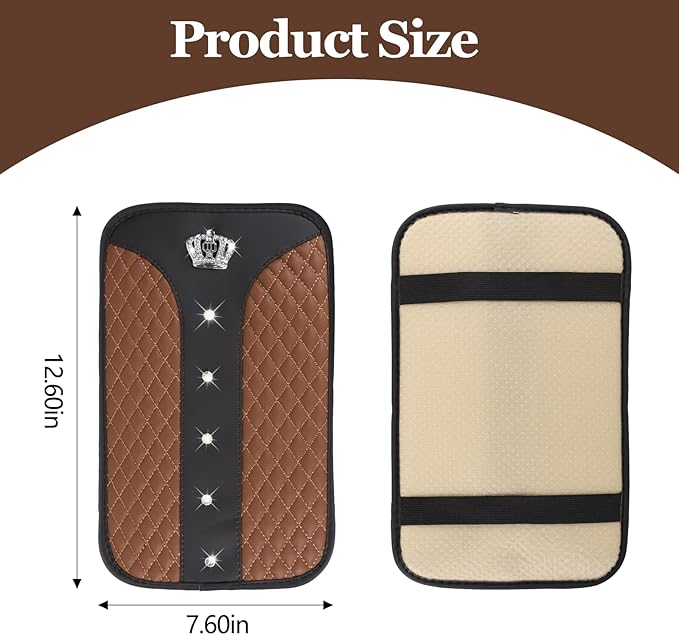 Bling Crown Car Center Console Cover, 12.7"×7.7" Armrest Cover for Cars, Waterproof Leather Arm Rest Box Pad Cushion, Universal Middle Console Cover Protector, Car Accessories (Coffee)
