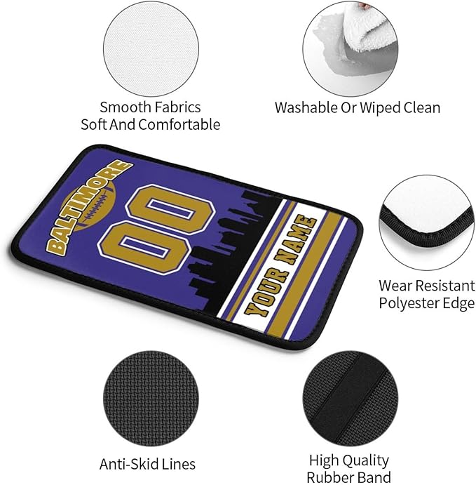 Custom Baltimore Car Armrest Covers Personalized Football Style with Name Number Customized Auto Center Console Pad Car Handrail Box Cushion for Most Vehicle Decor Accessories, Fans Gift