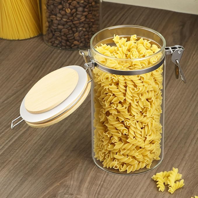 QWORK Clear Borosilicate Glass Storage Jar with Airtight Bamboo Lid & Locking Clamp, 40oz / 1200ml Kitchen Canister for Coffee Beans, Loose Tea, Sugar, Flour, Nuts, Thickened Sealed Container
