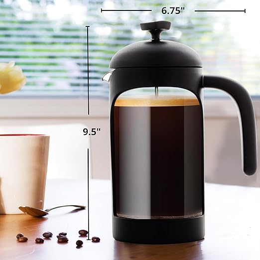 OVENTE French Press Coffee Maker 34 Ounce with Heat Resistant Borosilicate Glass & Stainless Steel 4-Level Filtration System, Portable Cold Brew Coffee Maker for Travel, Camping or Gift, Black FPB34B