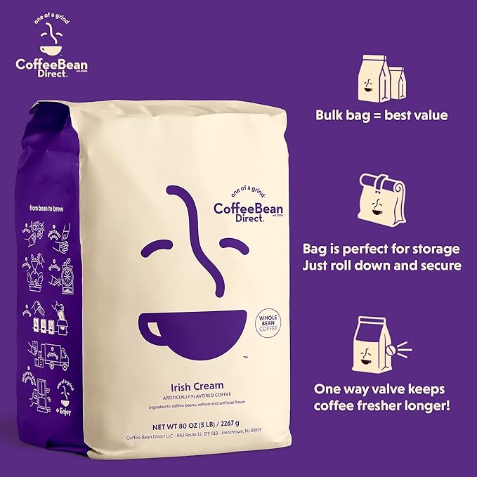 Coffee Bean Direct Irish Cream Flavored, Whole Bean Coffee, 5 Pound Bag (Pack of 1)