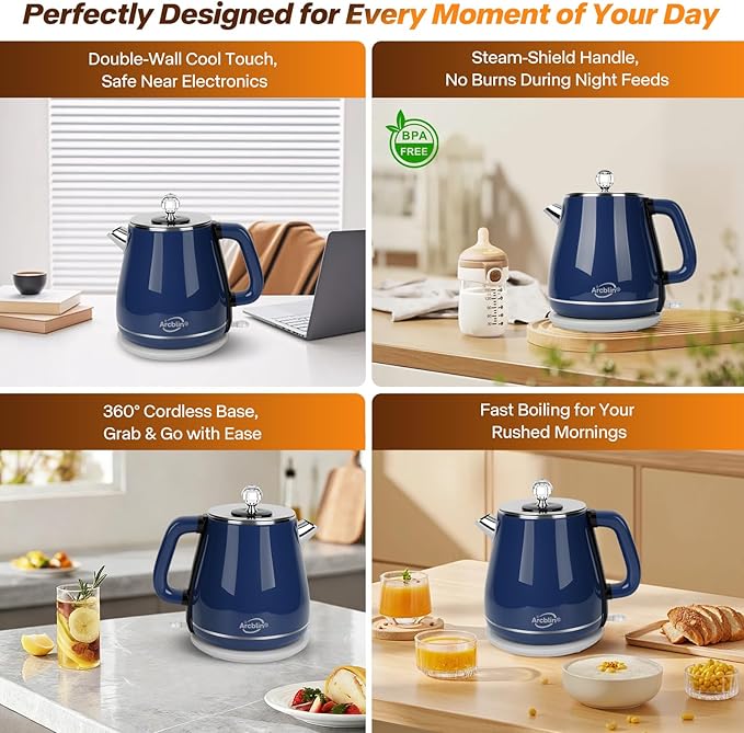 Retro Electric Kettle 1.8L, All Stainless Steel Hot Water Electric Kettle for Boiling Water, BPA Free Tea Kettle, 1350W Fast Boil, Auto Shut Off & Boil-Dry Protection