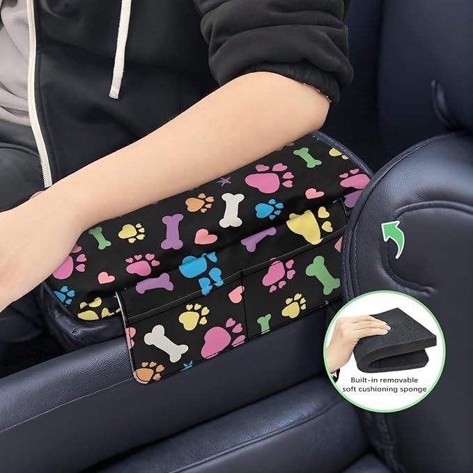 Dreaweet Colorful Dog Paw Center Console Cover for Car Thick Arm Rest Cover Pad Cute Car Armrest Cushion with Pockets Scratch Proof Universal Fit for SUV Sedan Truck