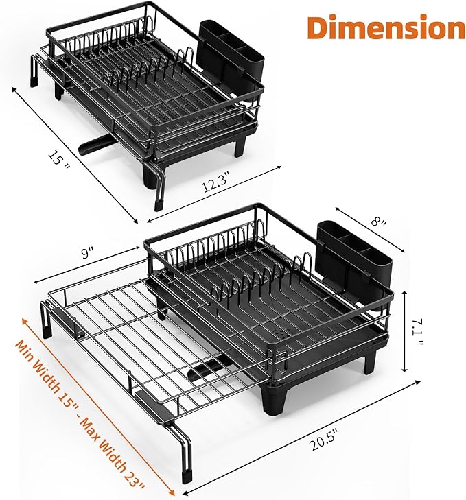 Urackify Dish Drying Rack - Large Dish Racks for Kitchen Counter, Extendable Sink Dish Drainer, Rustproof Dish Strainer with Utensil Holder, 1 Tier Black