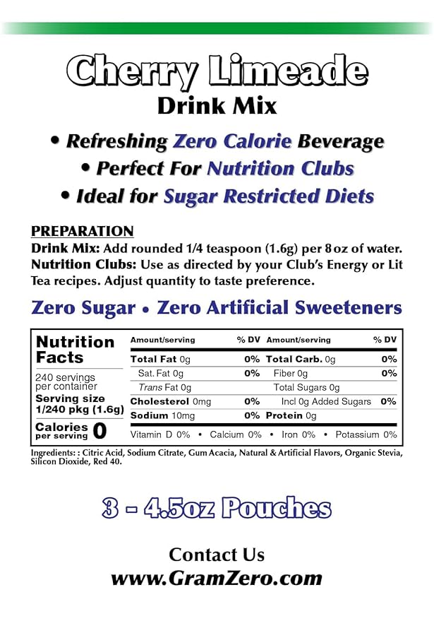 GramZero Cherry Limeade Zero Calorie Sugar Free Drink Mix, Great For Nutrition Club Loaded Teas, Stevia Sweetened