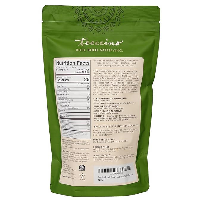 Teeccino French Roast Chicory Coffee Alternative - Ground Herbal Coffee That’s Prebiotic, Caffeine-Free & Acid Free, Dark Roast, 1.1 Pound