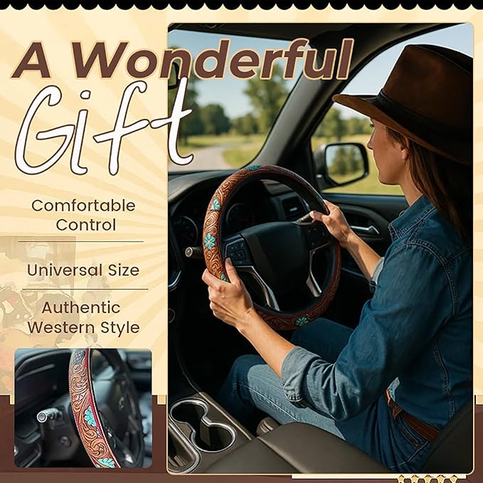 Western Steering Wheel Cover 14.5–15" – Retro Tooled Leather Pattern, Universal Anti-Slip Car Accessories for Trucks SUVs Cars, Boho Cowgirl/Cowboy Gift (F)