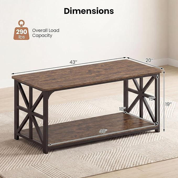 Giantex Farmhouse Coffee Table, 43" Center Table with Storage & X-Shaped Frames, 2-Tier Modern Accent Cocktail Tea Table, Rectangular Wooden Living Room Tables for Small Spaces, Rustic Brown