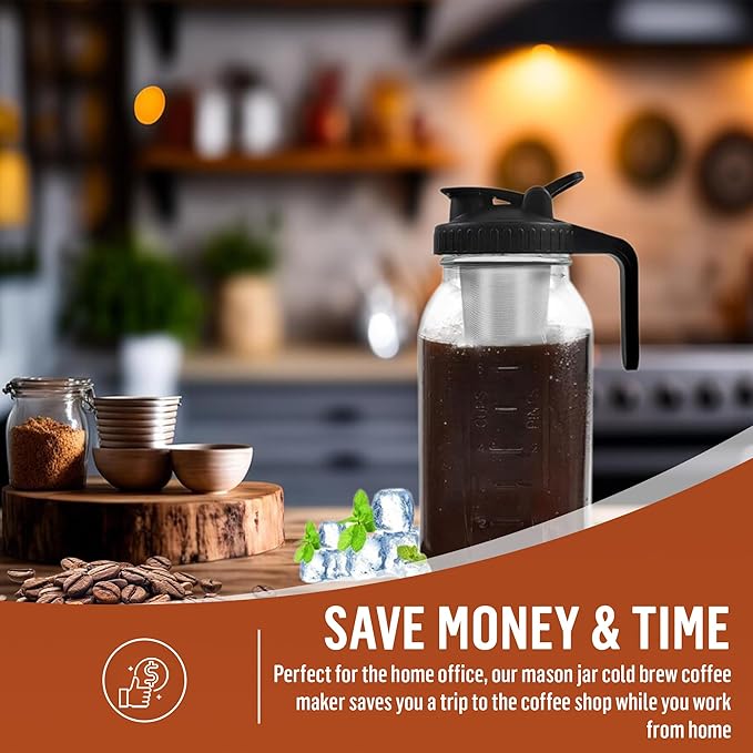 Glass Cold Brew Coffee Maker – 64 oz (2 Quart / 1.9 Liter) – Mason Jar Iced Coffee Pitcher, Durable Glass, with Stainless Steel filter, leak proof wide mouth lid and handle