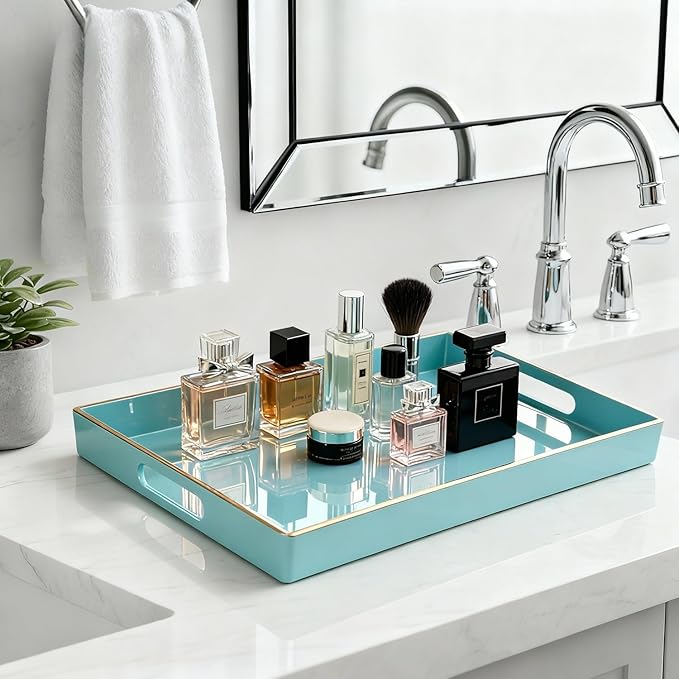 Zosenley Decorative Plastic Serving Tray with Handles, Modern Vanity Organizer for Bathroom, Kitchen, Ottoman and Coffee Table (Blue, Rectangular)