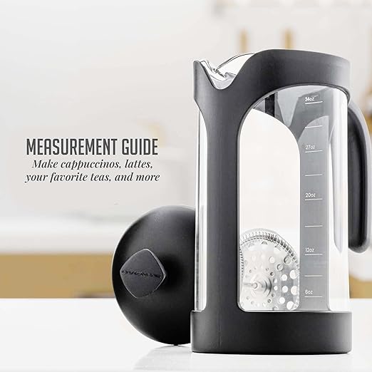 OVENTE French Press Coffee Maker 34 Ounce with Heat Resistant Borosilicate Glass & Stainless Steel 4-Level Filtration System, Portable Cold Brew Coffee Maker for Travel, Camping or Gift, Black FPB34B