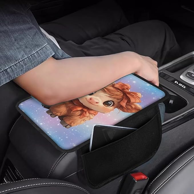 Dreaweet Center Console Cover Cute Highland Cow Car Accessories for Women Universal Arm Rest Cover for Truck Car SUV,Car Console Covers with Pockets Comfortable Car Armrest Cover Cushion Pad