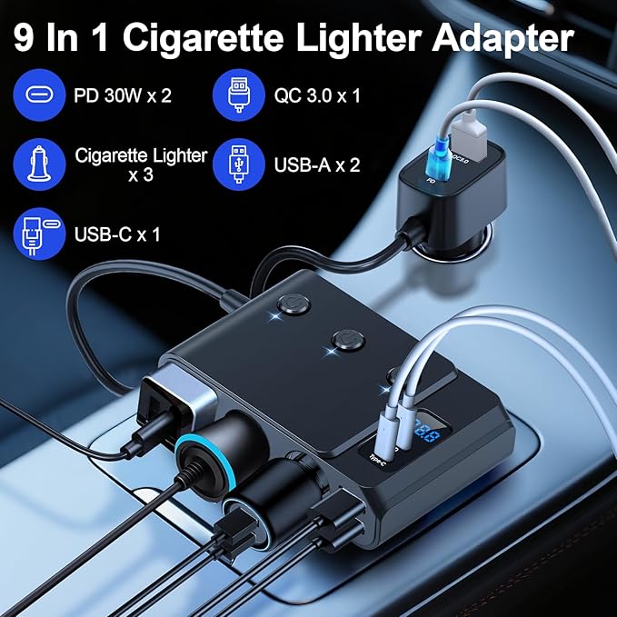 Tendak 9 in 1 Cigarette Lighter Adapter, 150W Cigarette Lighter Splitter with PD 30W/QC3.0, 3 USB Ports (Type-C+2 USB-A), Independent Switches, LED Voltage Display, Plug Outlet 12V/24V(3.3ft Cable)