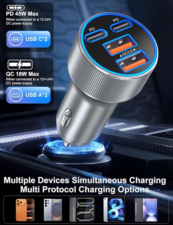 Car Charger USB C, 90W Super Fast Charging Cigarette Lighter Adapter Multi Port Dual 45W 12V USB-A & USB-C PD/QC 3.0 Fast Car Phone Charger Plug for iPhone 17 16 15 14 Pad Pro Max Galaxy Android(Gray)