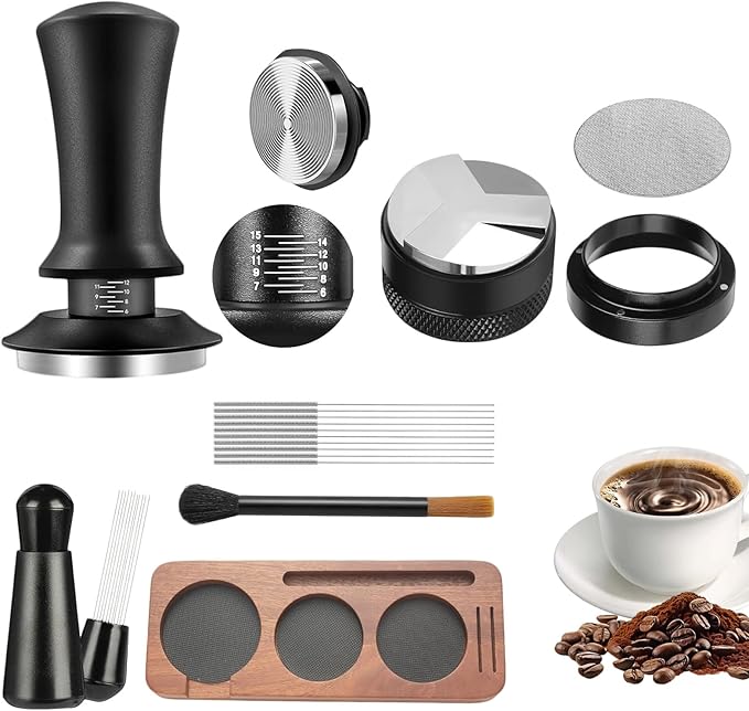 8 PCS Espresso Accessories with Wooden Storage Box, Espresso Tool Kit with Espresso Tamping Station, Distributor, Stirrer, Dosing Funnel, Needle Distributor, Puck Screen (54mm)