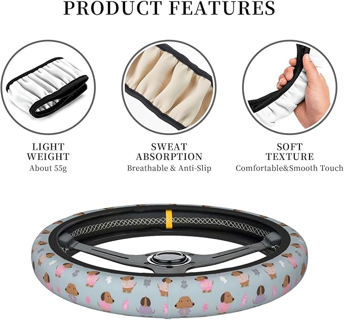 Cute -Dachshunds?Print Neoprene Steering Wheel Covers Women Men Car Accessories, Universal 15 Inch Fit Auto, Suvs, Truck