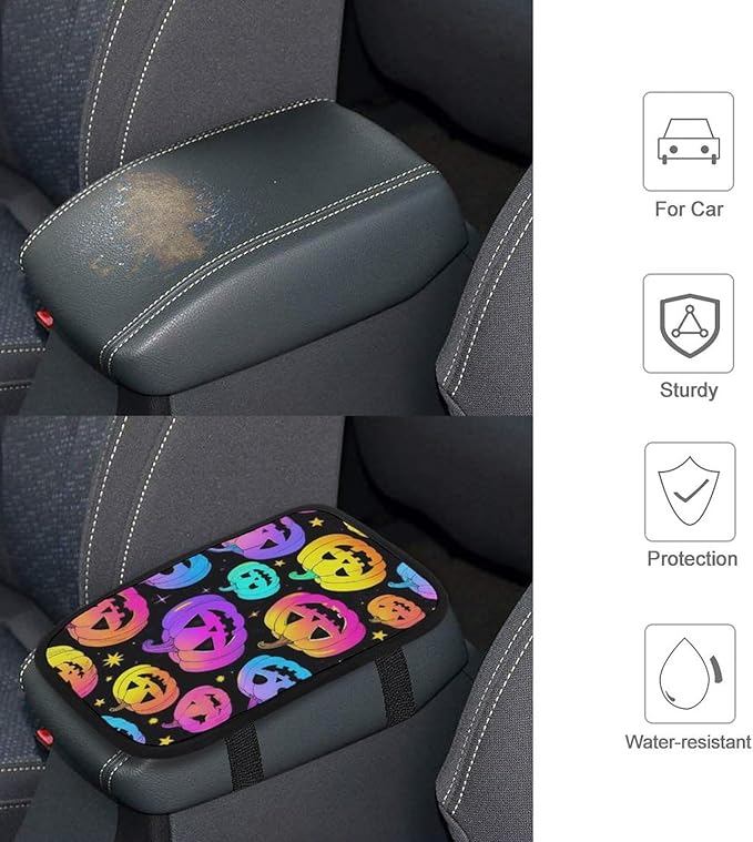 Auto Center Console Car for Halloween Trippy neon Pumpkin Skull Fits Universal Car Soft Comfort Armrest Cushion Handrail Box Cover