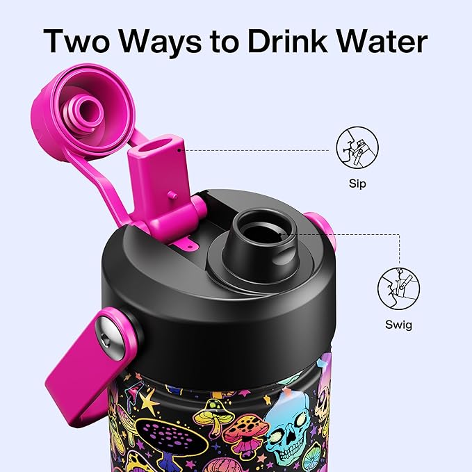 ENCOOL Insulated Water Bottle with Straw Stainless Steel Water Bottle, Leak-Proof, BPA-Free, Double Wall Vacuum Keeps Cold for 24 Hours for Sports, Travel, School (26 oz, Trippy Skulls)