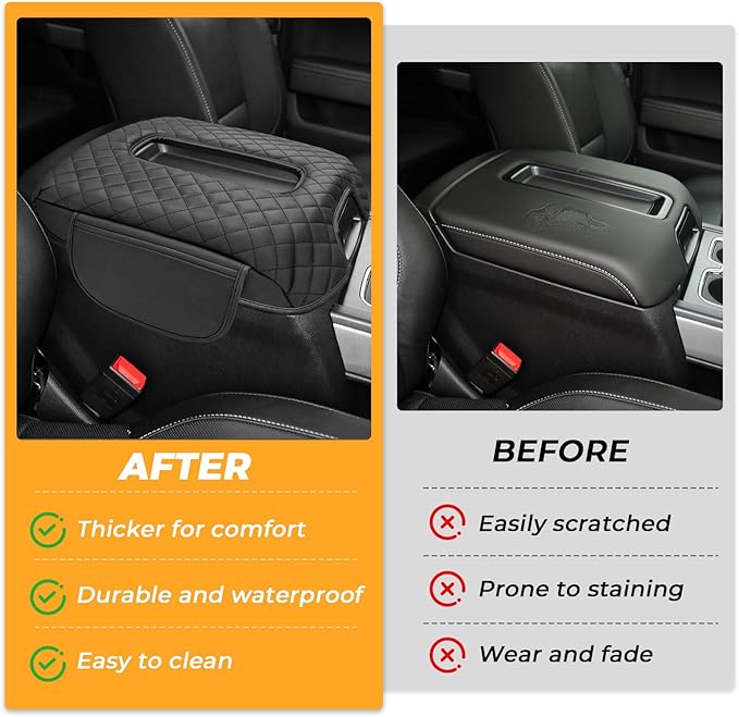 FUNY Center Console Cover Compatible with 2014-2018 Silverado Sierra, Middle Console Cover Lid, Car Arm Rest Covers Cushion Pad, Bucket Seat Middle Console Armrest Box Leather Protective Cover