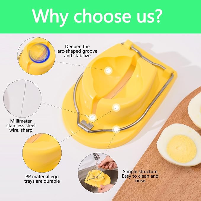 Egg Slicer, Semi-Round Curved Yellow Egg Cutter for Hard Boiled Eggs – Stainless Steel Wire Cutter with Ergonomic Handle for Salad, Cobb Salad, Avocado Toast & Food Garnish, Easy to Clean (1)