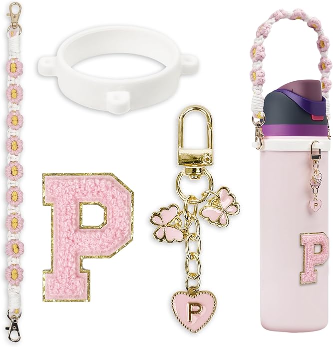 Compatible with Owala Water Bottle Accessories, Cute Letter Charm Set with Boho Handle Strap, Monogram Sticker, Silicone Ring, Keychain Decoration, for FreeSip 24 32 40oz, Owala Kids, Tumbler Gift