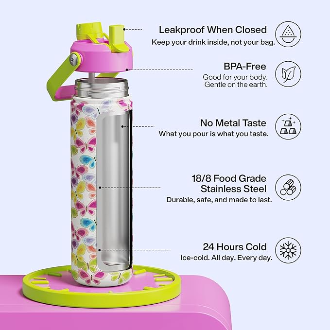 ENCOOL Insulated Water Bottle with Straw Stainless Steel Water Bottle, Leak-Proof, BPA-Free, Double Wall Vacuum Keeps Cold for 24 Hours for Sports, Travel, School (26 oz, Rainbow Butterfly)