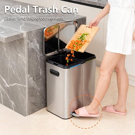 PayLessHere Dual Compartment Trash Can with Lid Removable Inner Bucket Foot Pedal Soft Close for Office Home Kitchen Garbage Can Trash Bin (Stainless Steel, 10 G)