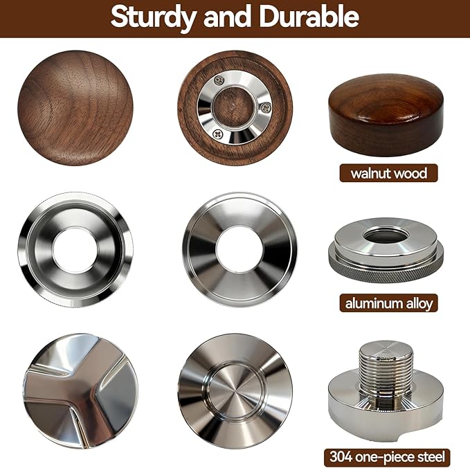 53mm Espresso Coffee Distributor - Adjustable Height 5-15mm, Walnut Wood Lid & 304 Stainless Steel Base, Compatible with Breville 54mm Portafilter for Coffee Enthusiasts