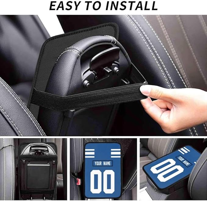 Custom Car Armrest Cover,Add Personalized Name and Number As Gifts for Loyal Football Fans,American Football Auto Center Console Pad Car handrail Box Cushion,Fit for Most Car Seat Box Cover Protector