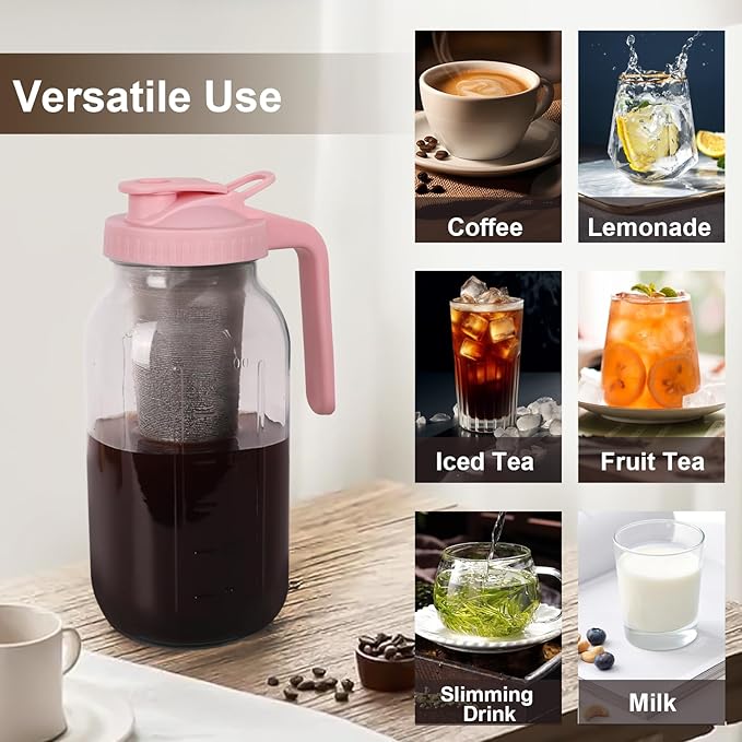 Cold Brew Coffee Maker - 64 Oz Heavy-Duty Glass Mason Jar Pitcher with Stainless Steel Filter, Leak-Proof Lid, Ergonomic Handle & Precision Pour Spout – Ideal for Iced Coffee, Tea, Cold Brew (Pink)