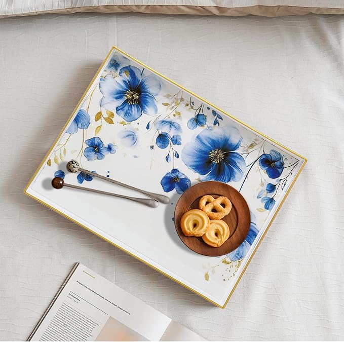 Serving Tray with Handles, 15.7 * 11.8 inches, Plastic Ottoman Tray with Exquisite Paintings, Trays for Coffee Table