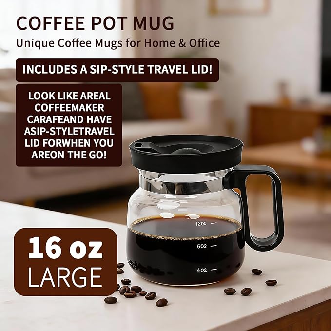 16 Oz Glass Coffee Pot Mug, Mini Coffee Pot Cup, Novelty Heatproof Large Capacity Clear Cup with Handle & Spill Proof Lid, Comes Straw & Coasters, Talk About for Coffee Lovers & Office Desk
