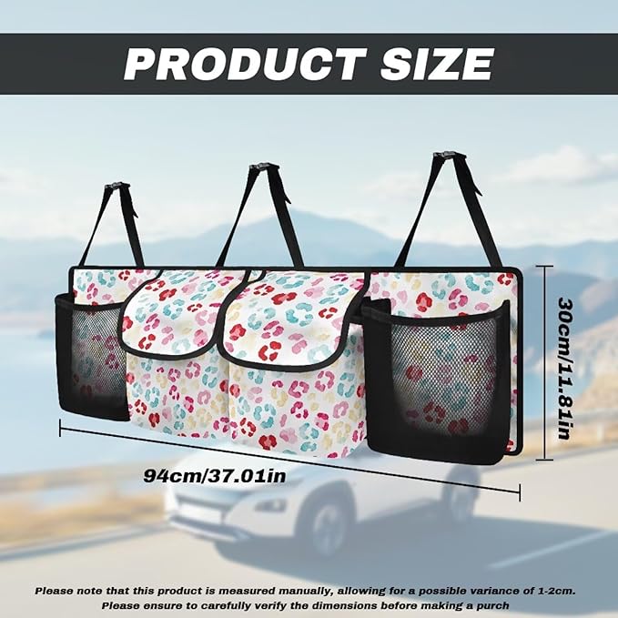 Colorful Leopard Backseat Car Organizer, Durable Trunk Organizer with 4 Pockets & Buckle Straps, Waterproof Hanging Automotive Storage Bag for SUV Van Sedan When Trip