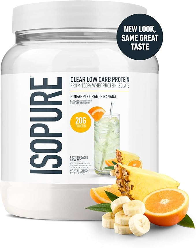 Isopure Clear Whey Isolate Protein Powder, Lactose Free, Gluten Free, Naturally Flavored, Pineapple Orange Banana, 20g Protein Per Serving, 14.1 Oz, 16 Servings (Packaging May Vary)