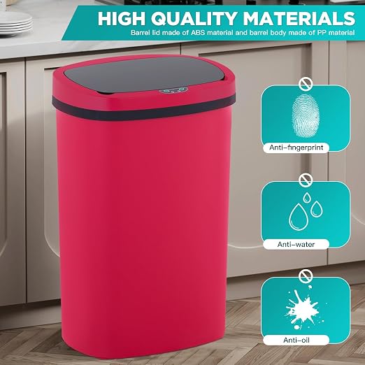 PayLessHere | 13 Gallon Plastic Trash Can | Red | Automatic Touchless Lid with Motion Sensor | Kitchen Garbage Can with Waterproof Design | for Home, Office, Bathroom | Pack of 1